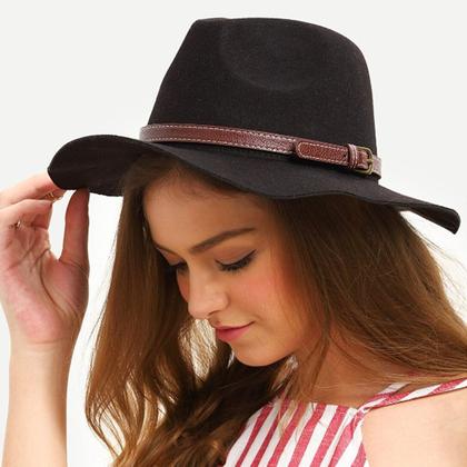Imagem de Chapeu Fedora Floppy Preto de Feltro Com Faixa Cinto de Couro Unissex