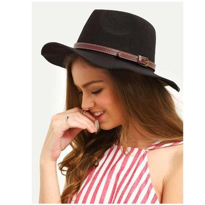 Imagem de Chapeu Fedora Floppy Preto de Feltro Com Faixa Cinto de Couro Unissex