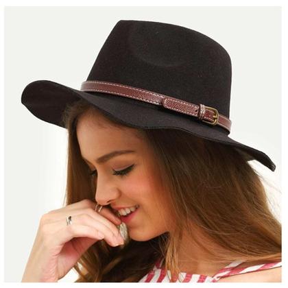 Imagem de Chapeu Fedora Floppy Preto de Feltro Com Faixa Cinto de Couro Unissex