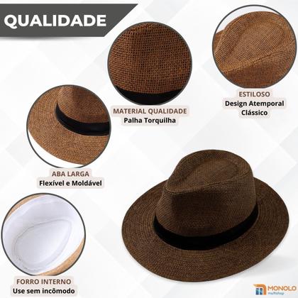Imagem de Chapéu Panamá Palha Aba Larga Moda Masculino Feminino Praia Casual Festa Pagodeiro Viagem Clássico Tradicional