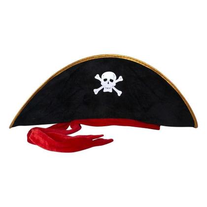 Imagem de Chapéu Pirata Luxo Com Fita Vermelha E Esqueleto Aveludado