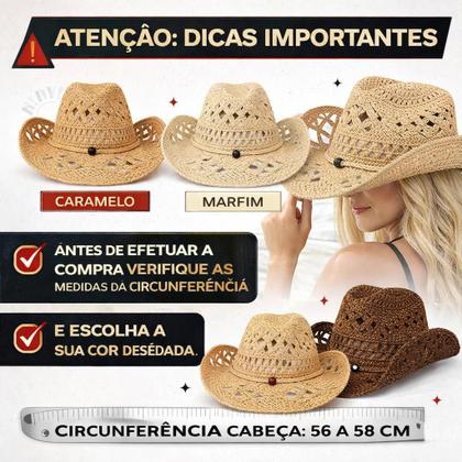 Imagem de Chapéu Praia Palha Campo Cowboy Feminino Virgínia Boho Verão Chic Cor:Marfim