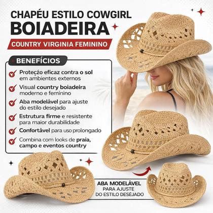 Imagem de Chapéu Praia Palha Campo Cowboy Feminino Virgínia Boho Verão Chic Cor:Marfim