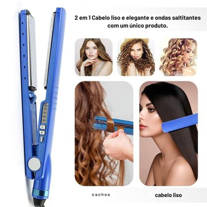 Imagem de Chapinha Titânio Bivolt Azul Prancha Alisadora Modeladora Anti frizz 3 em 1