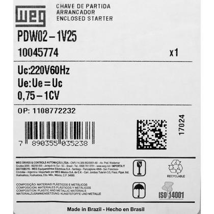 Imagem de Chave 1CV 220V Trifásica 4A PDW02 de Partida Direta Weg