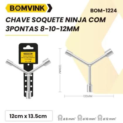 Imagem de Chave 3 Pontas Soquetes Ninja 8 x 10 x 12 mm em Aço Carbono Galvanizado