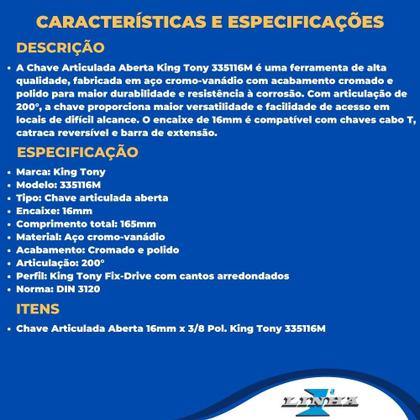 Imagem de Chave Articulada Aberta 16mm x 3/8 Pol. King Tony 335116M