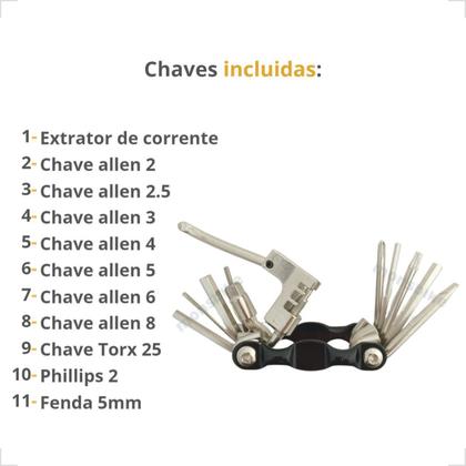 Imagem de Chave Canivete 12 Funções Com Extrator Corrente Kit Ferramentas Bike MTB