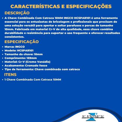 Imagem de Chave Combinada Com Catraca 10MM INGCO HCSPAR101