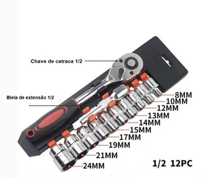 Imagem de Chave De Catraca Reversivel 12 Soquete Sextavado 12 peças 8 a 28 mm extensão kit jogo