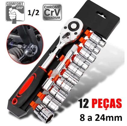 Imagem de Chave De Catraca Reversivel 12 Soquete Sextavado 12 peças 8 a 28 mm extensão kit jogo