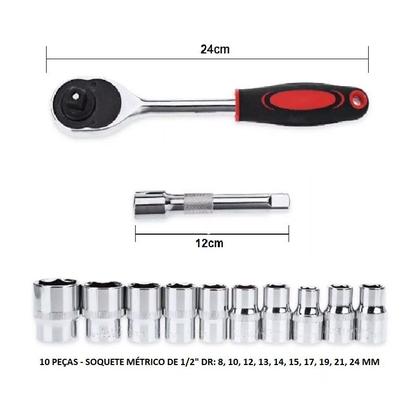 Imagem de Chave De Catraca Reversivel 12 Soquete Sextavado 12 peças 8 a 28 mm extensão kit jogo
