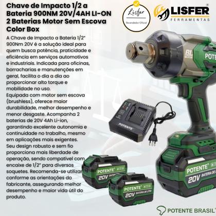 Imagem de Chave de Impacto 1/2 a Bateria 900NM 20V/4AH LI-ON 2 Bateria - Potente Brasil