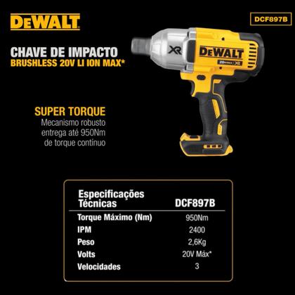 Imagem de Chave de Impacto 3/4” DeWalt 20V MAX  Brushless + Bateria 4Ah e Carregador  Alta Potência