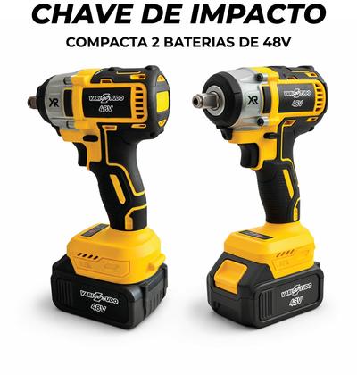 Imagem de Chave de Impacto 48V Brushless + Furadeira Parafusadeira Kit Profissional com 2 Baterias 4.0Ah Soquetes Mandril e Maleta