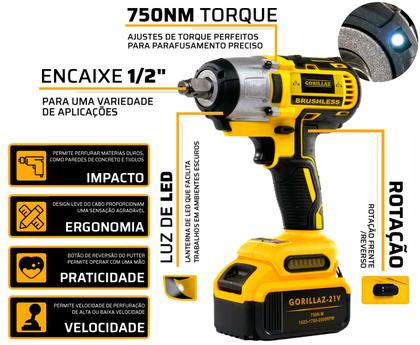 Imagem de Chave De Impacto A Bateria 21v 4ah Furadeira Bivolt Sem Fio Brushless 750nm Com Maleta E Acessorios