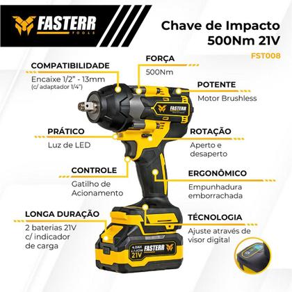 Imagem de Chave De Impacto Digital 500nm 21v C/ 02 Bat 4.0 Ah Com Maleta FST008