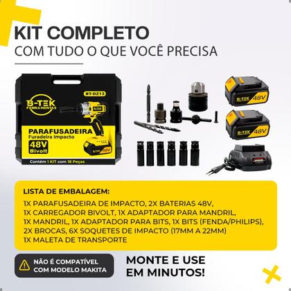 Imagem de Chave De Impacto Parafusadeira Furadeira Profissional Com 2 Baterias 48v Original Btek