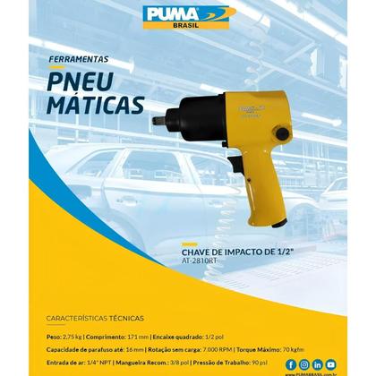 Imagem de Chave de impacto pneumática puma 1/2" 66kgfm at2810rt