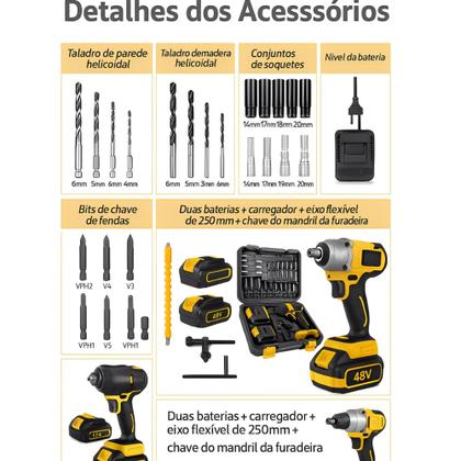 Imagem de Chave de Impacto Profissional Parafusadeira Furadeira 48V 2 Baterias Bivolt Com Maleta Resistente