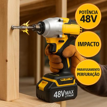 Imagem de Chave de Impacto Profissional Parafusadeira Furadeira 48V 2 Baterias Bivolt Com Maleta Resistente