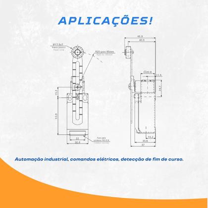 Imagem de Chave Fim de Curso Segurança 2NF+1NA - Rolete Com Haste Ajustável