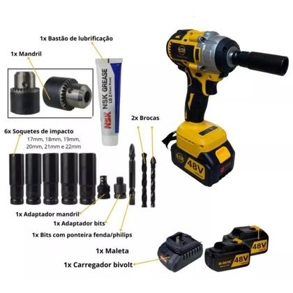 Chave Impacto Parafusadeira Furadeira 48V 10000mAh 2 Baterias de