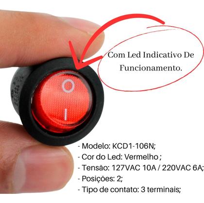 Imagem de Chave Interruptor Gangorra Kcd1-106n Liga Desliga Led Vermelho Kit 10 Peças
