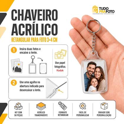 Imagem de Chaveiro Acrílico Retangular Para Foto 3x4 Kit 50 Peças TUDOPRAFOTO
