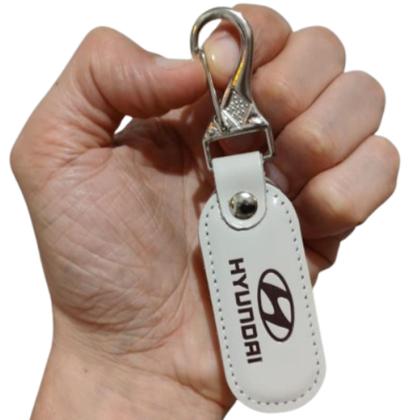 Imagem de Chaveiro Automotivo Hyundai Couro Branco Mosquetão Chave Carro Gancho Metal Argola