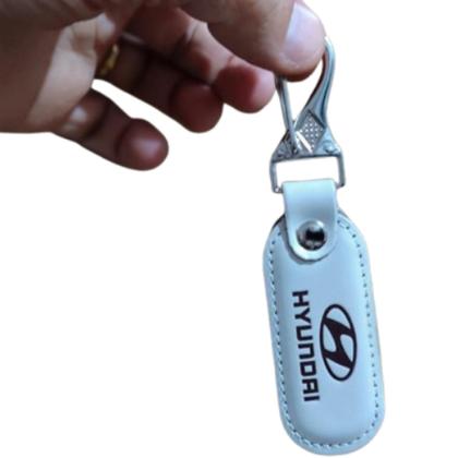 Imagem de Chaveiro Automotivo Hyundai Couro Branco Mosquetão Chave Carro Gancho Metal Argola