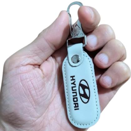 Imagem de Chaveiro Automotivo Hyundai Couro Branco Mosquetão Chave Carro Gancho Metal Argola