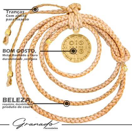 Imagem de Chaveiro Country Capiau + Penduricalho Laço Couro Bege Medalhão São Bento Ouro