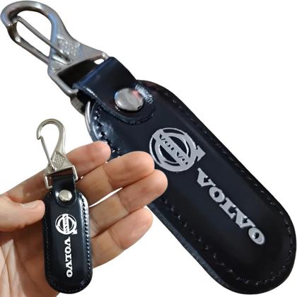Imagem de Chaveiro Couro Preto Volvo Mosquetão Argola Chave Carro Metal