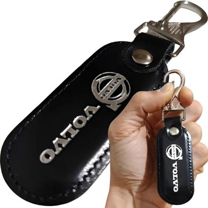 Imagem de Chaveiro Couro Preto Volvo Mosquetão Argola Chave Carro Metal
