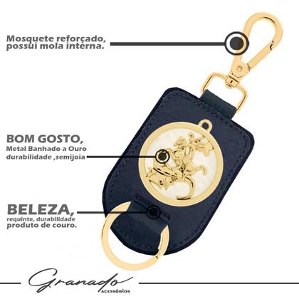 Imagem de Chaveiro de Couro São Jorge Banhado a Ouro - Cores Caramelo, Preto ou Marrom