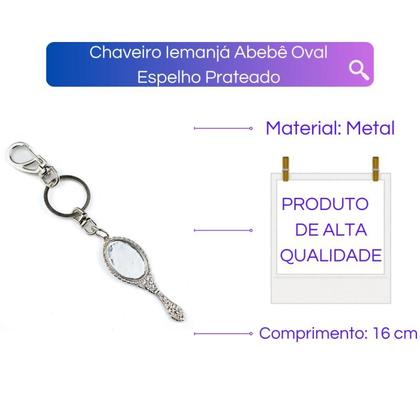 Imagem de Chaveiro Iemanjá Abebe Oval Espelho Prateado 16 cm Metal