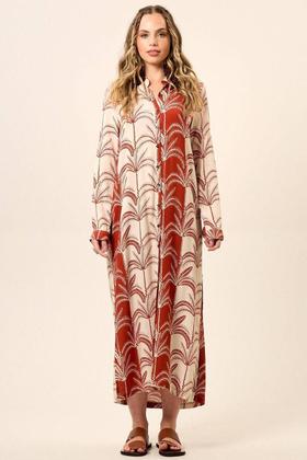 Imagem de Chemise Longo com Mangas Longas Bege e Vermelho Estampado Yacamim M8