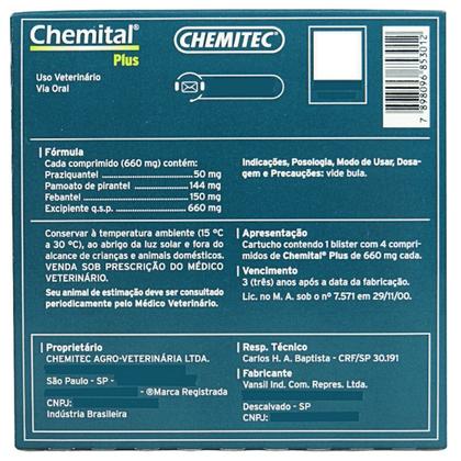 Imagem de Chemital Plus Com4 Comprimidos ChemitecVermífugo Para Cães Kit Com 2 Cx