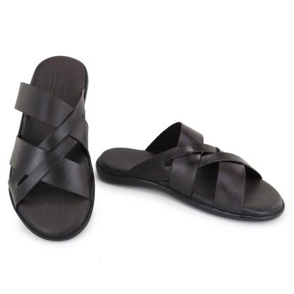 Imagem de Chinelo Couro Masculino Sandália Tiras Confortável Franciscano Casual Tradicional Café