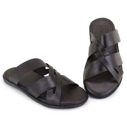 Imagem de Chinelo Couro Masculino Sandália Tiras Confortável Franciscano Casual Tradicional Café