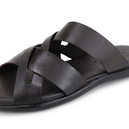 Imagem de Chinelo Couro Masculino Sandália Tiras Confortável Franciscano Casual Tradicional Café