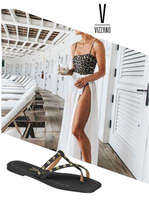 Imagem de Chinelo feminino de dedo Vizzano 6452.102 com spikes rasteirinha rasteira sem salto