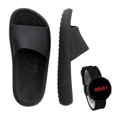 Imagem de Chinelo Nuvem Slide Flexível Confortável Original Preto + Relógio Digital Pulseira Silicone 