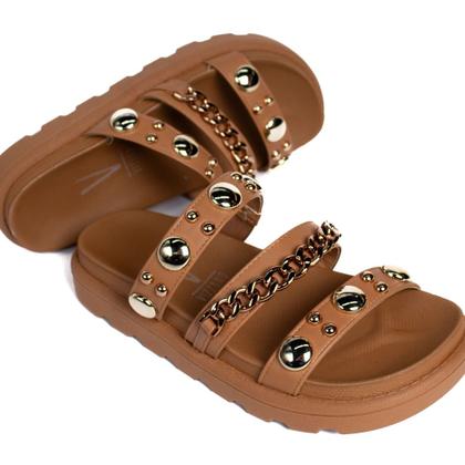 Imagem de Chinelo Slide Feminino Vizzano com Corrente e Metais Caramelo