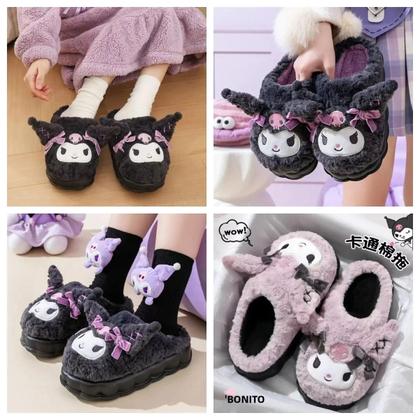 Imagem de Chinelos De Algodão Kuromi Sanrio Fofos Com Sola Grossa Para O Inverno, Calçados Quentes Para Casa,
