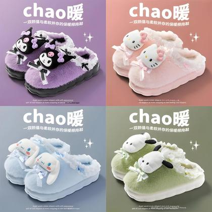 Imagem de Chinelos De Pelúcia Kawaii Sanrio Kuromi Quentes Com Solado Grosso Antiderrapante De Algodão Para