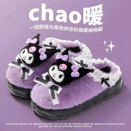 Imagem de Chinelos De Pelúcia Kawaii Sanrio Kuromi Quentes Com Solado Grosso Antiderrapante De Algodão Para