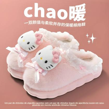 Imagem de Chinelos De Pelúcia Kawaii Sanrio Kuromi Quentes Com Solado Grosso Antiderrapante De Algodão Para