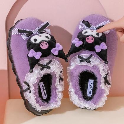 Imagem de Chinelos De Pelúcia Kawaii Sanrio Kuromi Quentes Com Solado Grosso Antiderrapante De Algodão Para